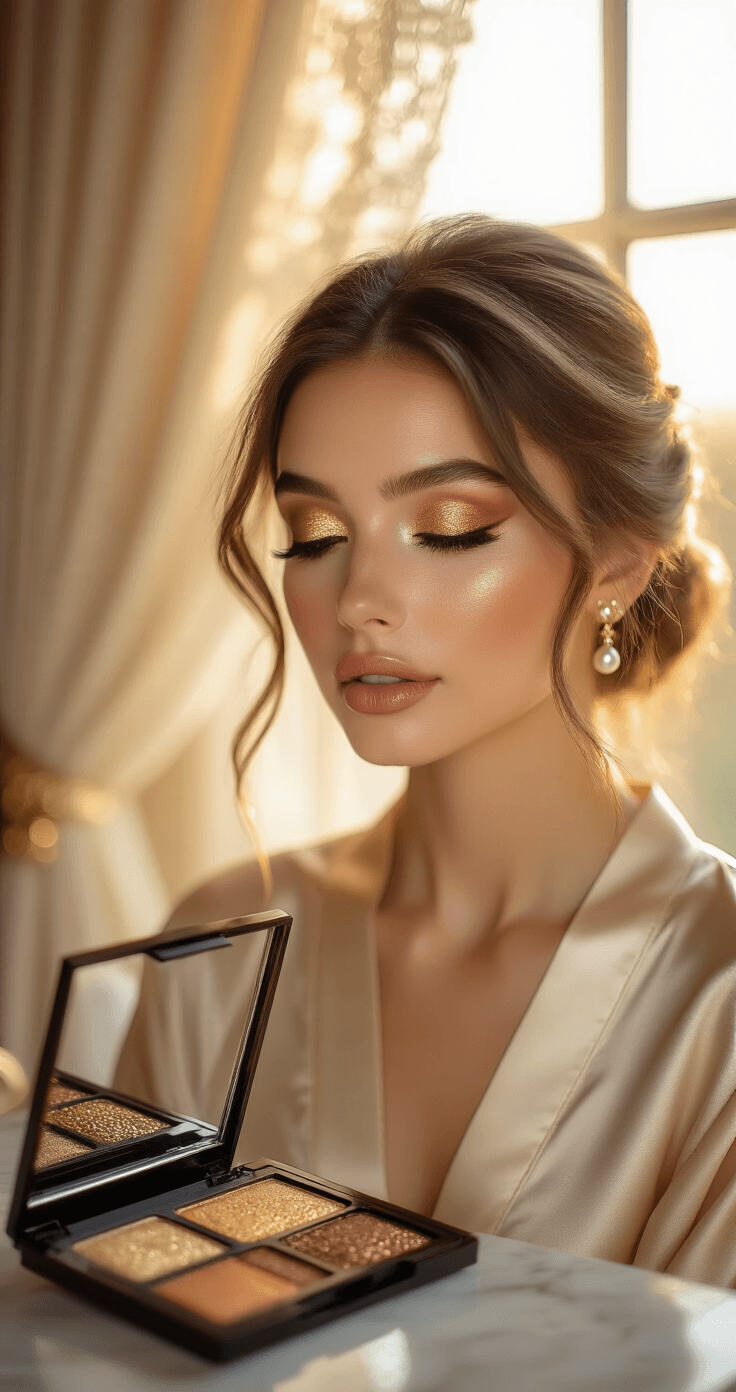 The Most Elegant Eyeshadow Colors for Brown Eyes at Weddings Close-up beauty shot of a bride with warm metallic eyeshadow in gold, bronze, and copper tones, in soft natural light from a window, wearing a silk champagne robe, with pearl earrings visible, as she gets ready in an elegant bridal suite.