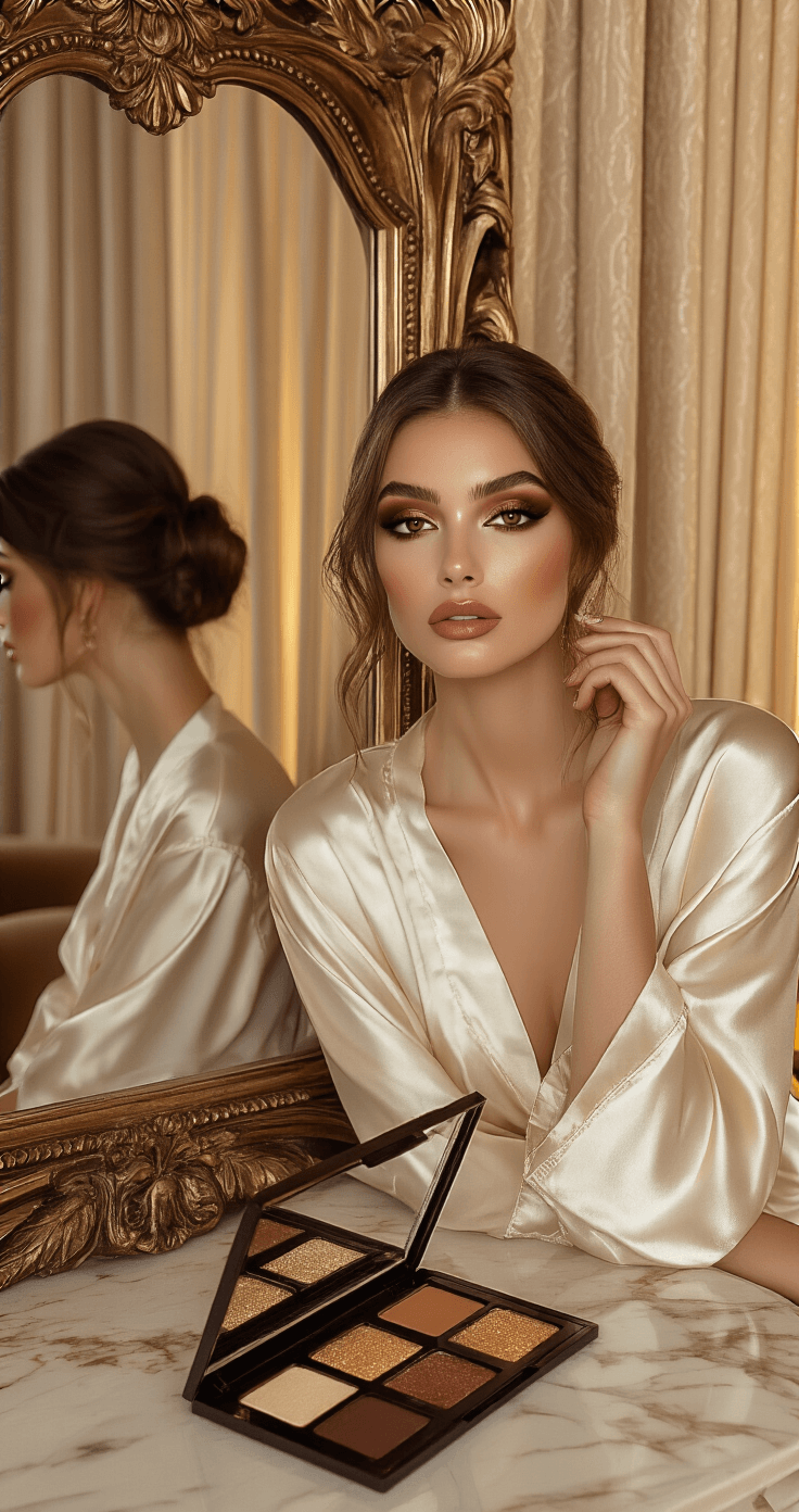 The Most Elegant Eyeshadow Colors for Brown Eyes at Weddings A bride in a silk ivory robe sits in an elegant hotel bridal suite, showcasing a rich brown-toned smokey eye look in warm golden hour light, before an ornate vintage mirror with long-wear eyeshadow palettes arranged on a marble surface.