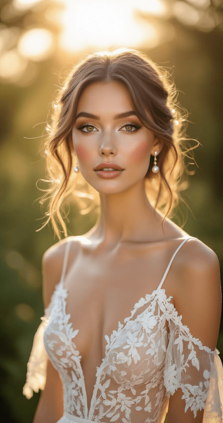 Natural Glowy Wedding Makeup That Actually Looks Like You (Just Better) A bride in a bohemian lace dress stands in a sunlit garden during golden hour, showcasing natural glowy makeup with dewy skin, soft brown eyeshadow, and glossy nude pink lips, complemented by pearl drop earrings and delicate hair accessories. The warm light enhances her peachy blush and bronzed glow amidst a softly focused garden backdrop.