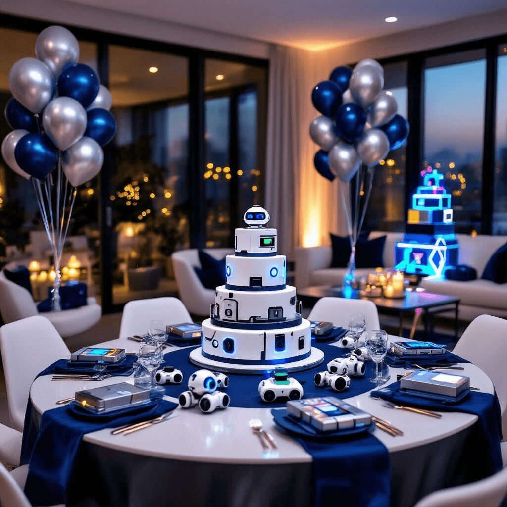Gift Ideas for 11-Year-Old Boys That Actually Get Used (Not Shoved in a Closet) Wide-angle shot of an elegant indoor birthday party setup in a modern apartment, featuring a tech-themed celebration for an 11-year-old with a tiered robot cake, Sphero Mini robots as centerpieces, and a gift table adorned with metallic silver and electric blue wrapping paper, all illuminated by soft lighting and RGB string lights.