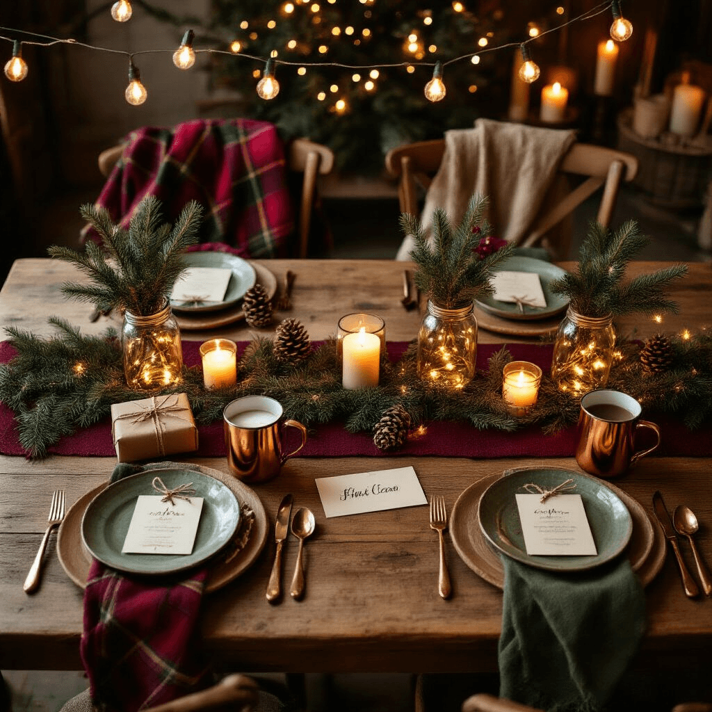Gift Exchange Ideas That'll Actually Make Your Holiday Parties Fun (Not Awkward) Overhead view of a cozy, intimate dining room with a rustic wooden farmhouse table set for a holiday gift exchange, featuring burgundy and forest green table runners, mason jar centerpieces, wrapped gifts, vintage ceramic plates, copper mugs with hot cocoa, and warm candlelight, creating a festive atmosphere.