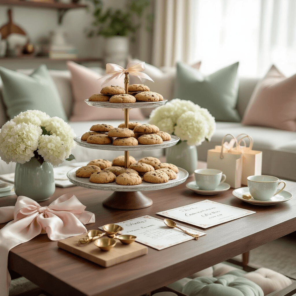 Gift Exchange Ideas That'll Actually Make Your Holiday Parties Fun (Not Awkward) Close-up of a modern living room lit by soft morning light, featuring a styled walnut coffee table with tiered glass cake stands of homemade cookies, decorative boxes with satin ribbons, elegant calligraphy recipe cards, vintage brass measuring spoons, and fresh white hydrangeas in ceramic vessels, all in a pastel pink and sage green color palette, with silk linens and velvet cushions, natural sunlight streaming through sheer curtains, and cozy Scandinavian minimalist touches.
