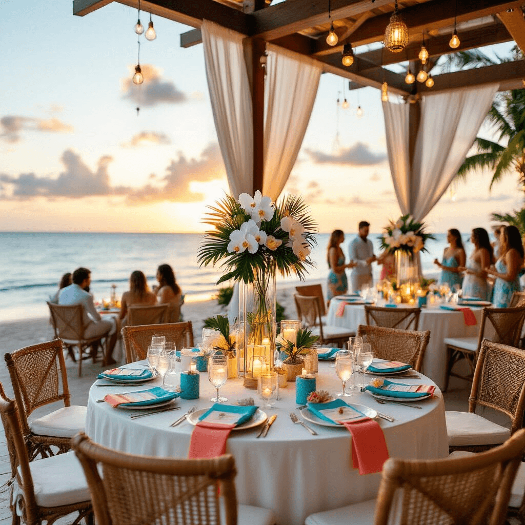 Gift Exchange Ideas That'll Actually Make Your Holiday Parties Fun (Not Awkward) Wide-angle shot of a luxurious beachfront terrace during sunset, featuring a gift exchange party setup with round tables dressed in white linens, tropical orchid centerpieces, ocean-themed wrapped gifts on driftwood tables, coral napkins, and ambient lighting from lanterns and string lights, with guests mingling in summer attire amidst woven furniture and sheer fabric panels.