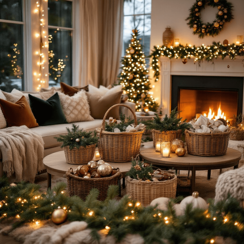 Christmas Gift Baskets: Your Complete Guide to DIY and Store-Bought Magic Cinematic wide shot of a festive living room adorned with themed gift baskets, string lights, and a glowing fireplace, featuring a warm color palette of deep green, copper, and cream, accented by plush textures and fresh pine garland.