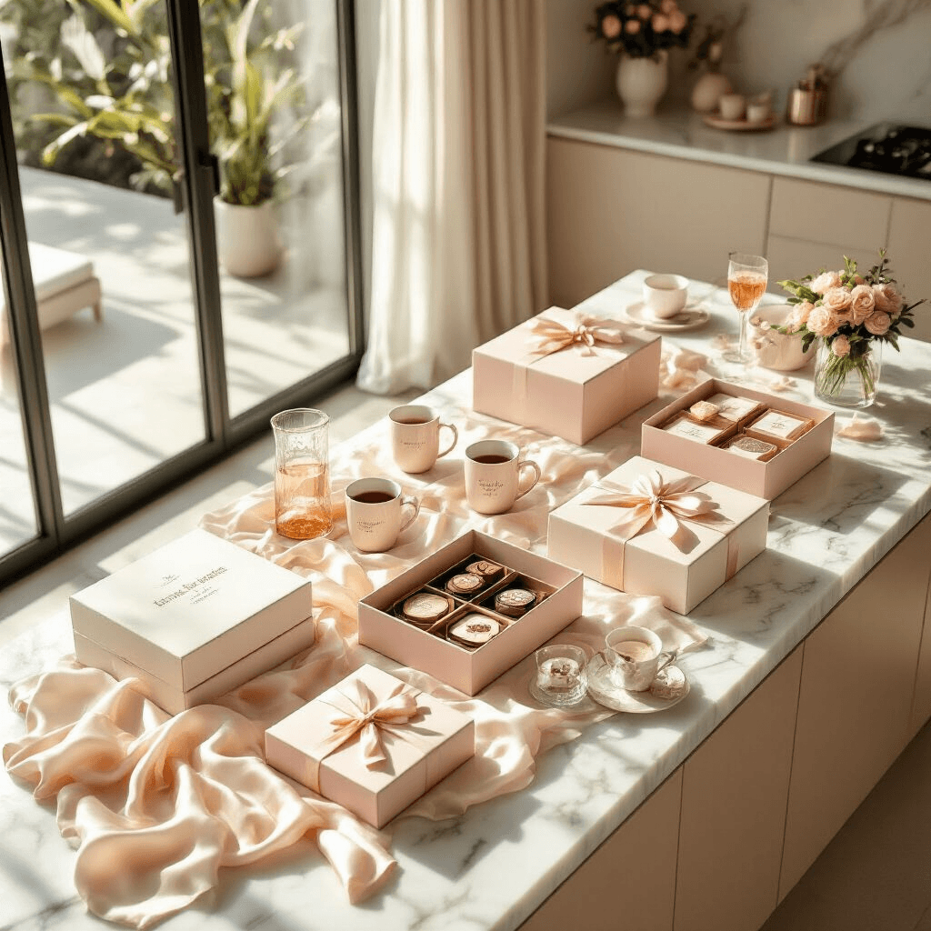 Gift Box Ideas That'll Make You Look Like the Most Thoughtful Person Ever Photorealistic overhead view of an elegant gift box curation station in a sunlit modern apartment, featuring a marble kitchen island draped in cream silk fabric, with blush pink and ivory gift boxes filled with Ember mugs, journals, artisan chocolates, and coffee sachets, accented by tissue paper, silk ribbons, crystal glasses, rose petals, and handwritten notes.