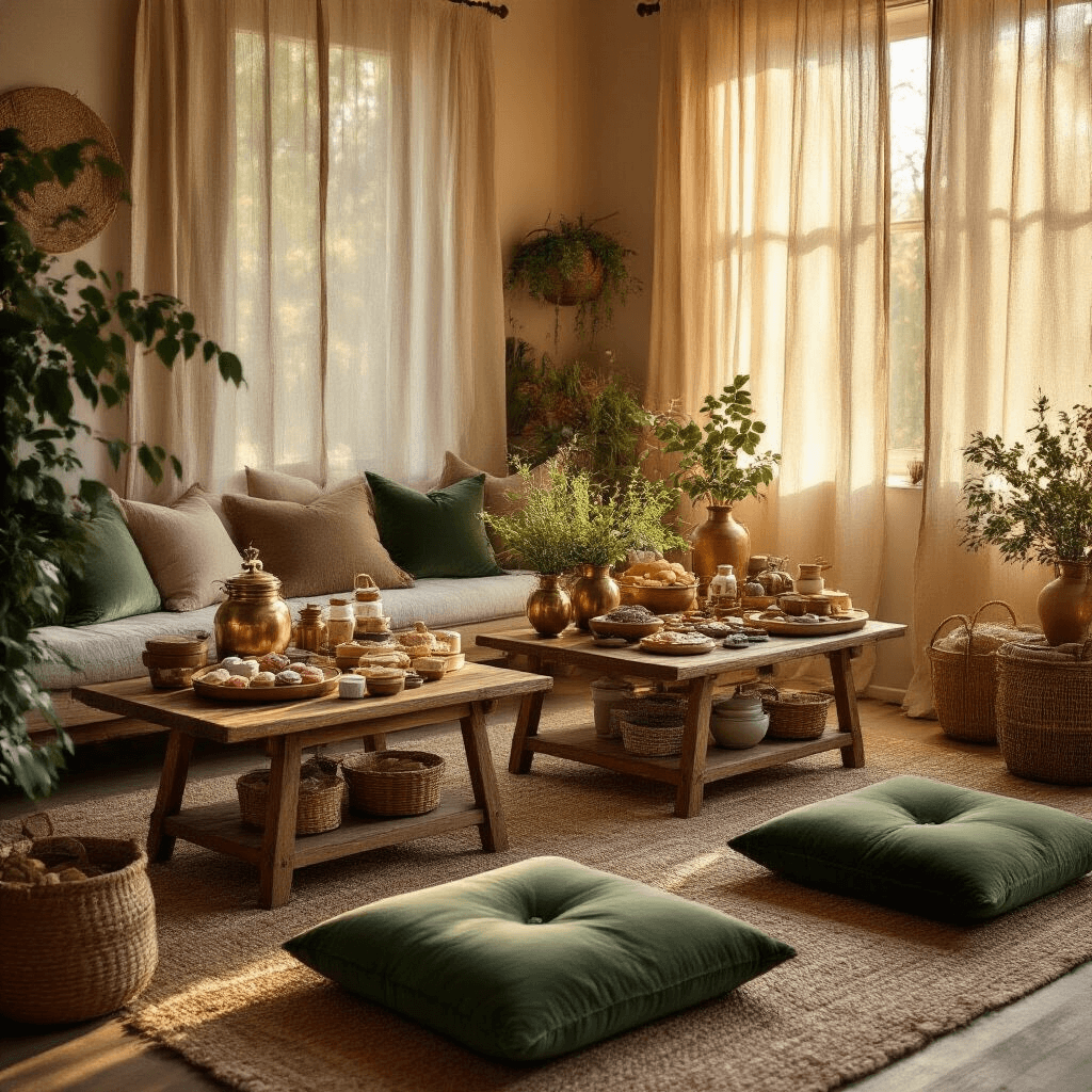 Gift Box Ideas That'll Make You Look Like the Most Thoughtful Person Ever A cozy living room bathed in warm amber light features low wooden coffee tables showcasing ice cream making kits, pottery supplies, and charcuterie components. Vintage brass vessels hold fresh herbs, while terracotta and sage green accents create an earthy palette. Plush forest green velvet cushions surround the tables, with mason jars filled with artisan ingredients, ceramic bowls of colorful clays, and copper wire baskets of instruction cards, framed by trailing ivy and eucalyptus garlands. Pillar candles in glass hurricanes add a warm, intimate glow to the creative space.