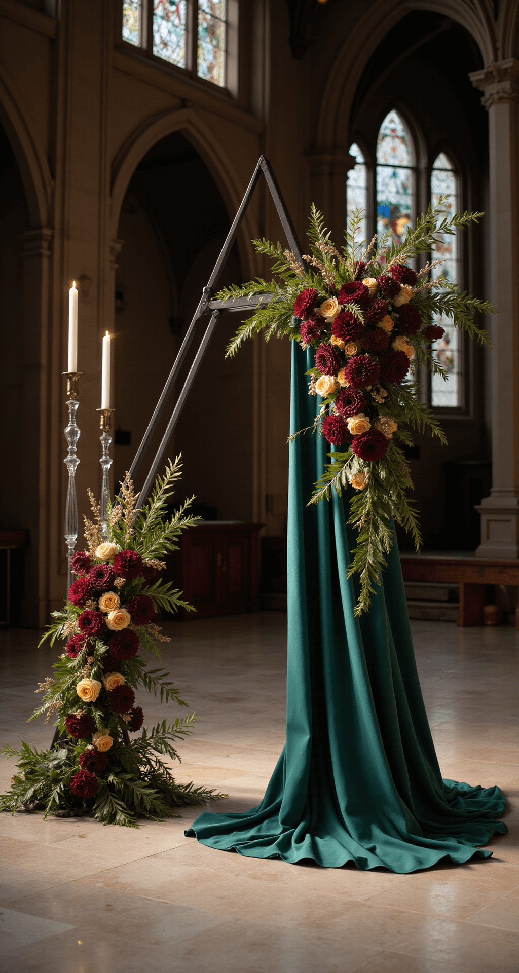 Church Wedding Decorations: Transform Your Sacred Space Into Something Magical Close-up cinematic shot of a modern geometric wedding arch in a church altar, featuring an asymmetrical black metal frame adorned with deep burgundy and gold florals, sleek acrylic candle holders, emerald silk drapery, polished marble flooring reflecting dramatic lighting, and minimalist floral arrangements, all set in a moody evening atmosphere.