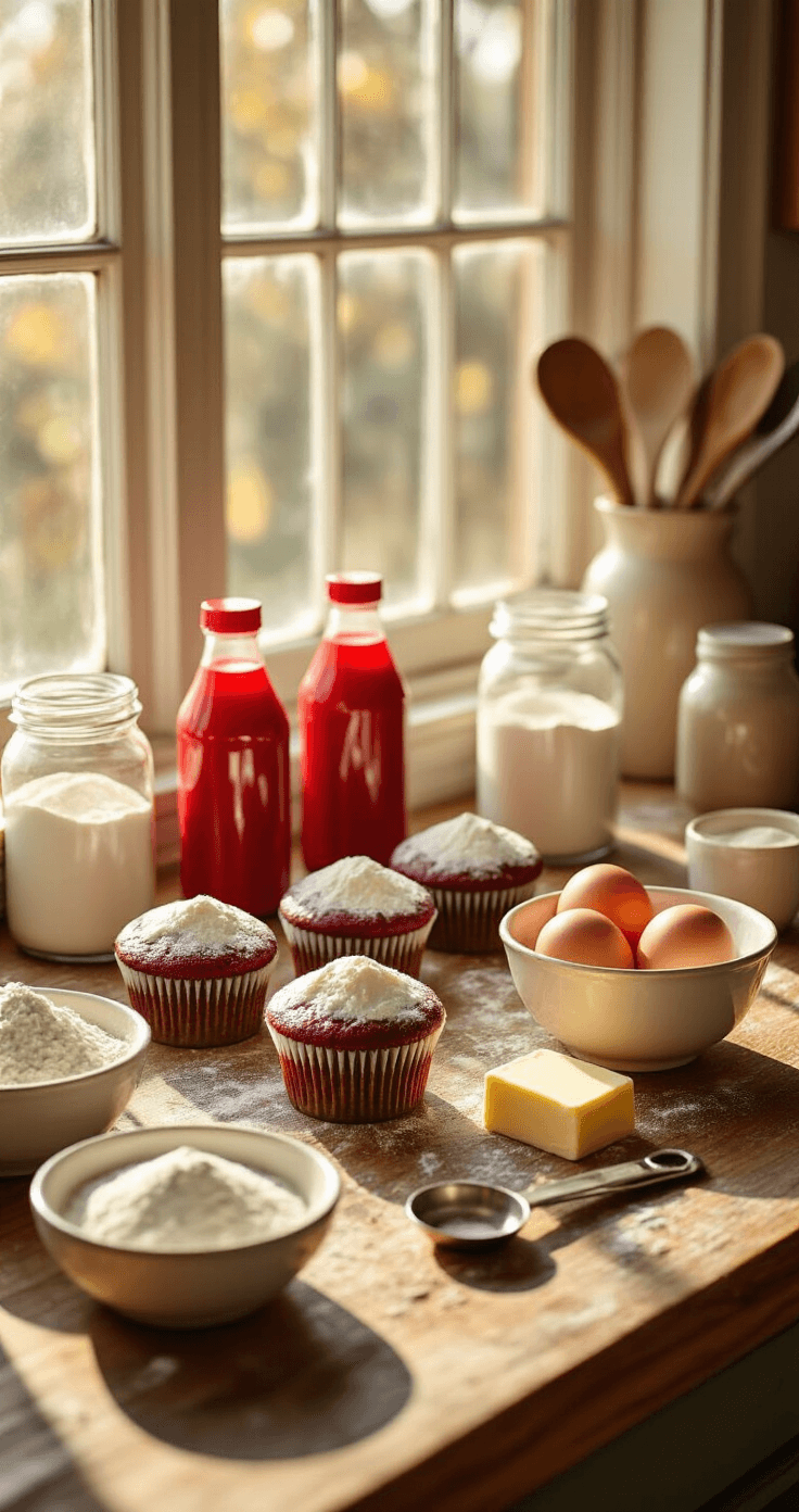 Red Velvet Cupcakes with Cream Cheese Frosting A warm kitchen bathed in golden afternoon light, featuring perfectly measured ingredients for baking red velvet cupcakes, including vibrant red food coloring, flour dusted mason jars, room temperature butter cubes, fresh eggs in a ceramic bowl, and vintage measuring spoons, all arranged on a weathered wooden countertop.
