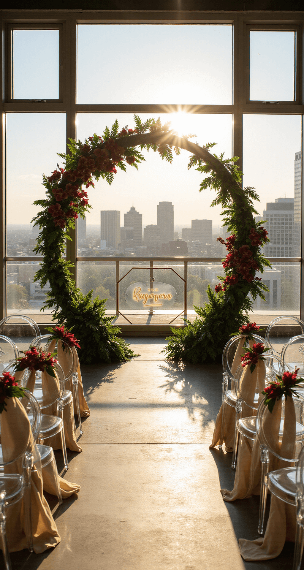 Modern Wedding Decor: How to Create Sophisticated Elegance Without the Clutter Cinematic overhead view of a modern rooftop ceremony setup featuring a circular arch of tropical leaves and burgundy orchids, ghost chairs arranged asymmetrically, and frosted geometric signage, all bathed in soft golden hour light.