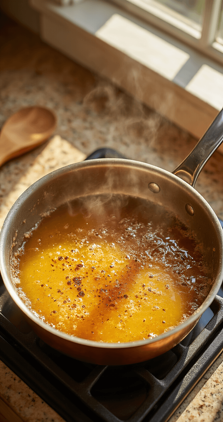 Butter Pecan Cake: The Rich, Nutty Layer Cake That'll Make You Forget Store-Bought Exists Cinematic overhead shot of a copper saucepan with bubbling golden amber browned butter, steam rising, and a wooden spoon beside it on a granite counter, set in a warm, rustic farmhouse kitchen with honey tones and creamy whites.