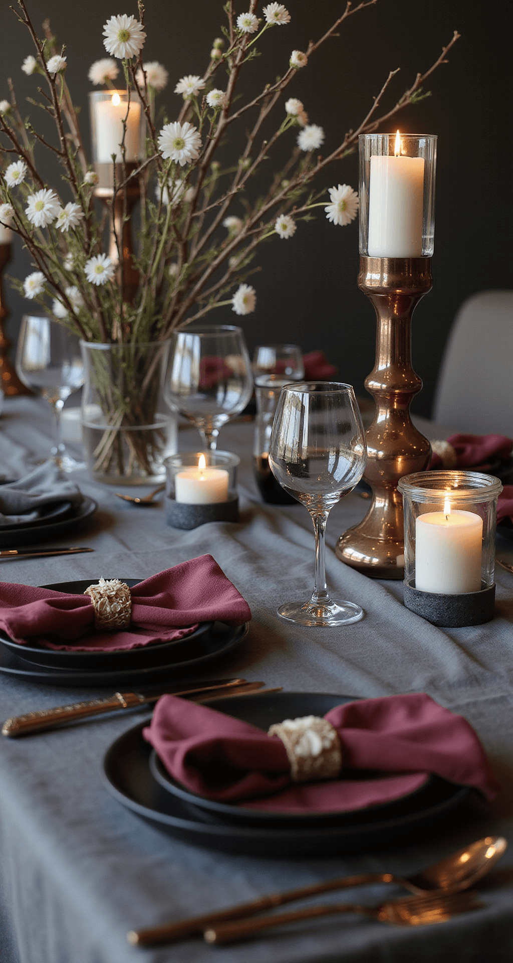 Modern Wedding Decor: How to Create Sophisticated Elegance Without the Clutter A modern wedding table setting with charcoal gray silk linens, copper metallic flatware, stemless crystal glassware, a tall centerpiece of asymmetrical branches and white blooms, velvet burgundy napkins, matte black ceramic plates, and soft candlelight from geometric glass holders.