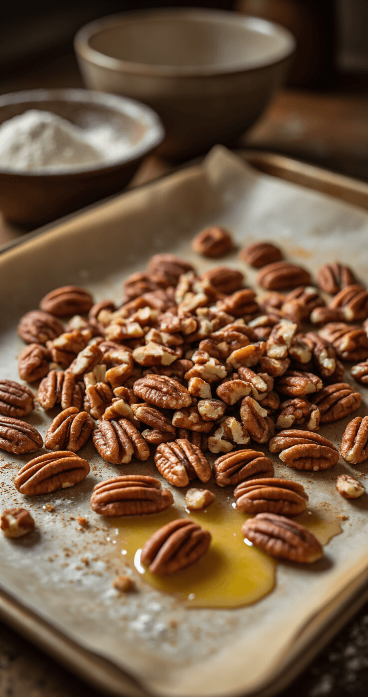 Butter Pecan Cake: The Rich, Nutty Layer Cake That'll Make You Forget Store-Bought Exists Close-up of cinnamon-dusted chopped pecans scattered on a parchment-lined baking sheet, glistening with melted butter, with warm oven light illuminating their golden-brown surfaces against a cozy kitchen backdrop.