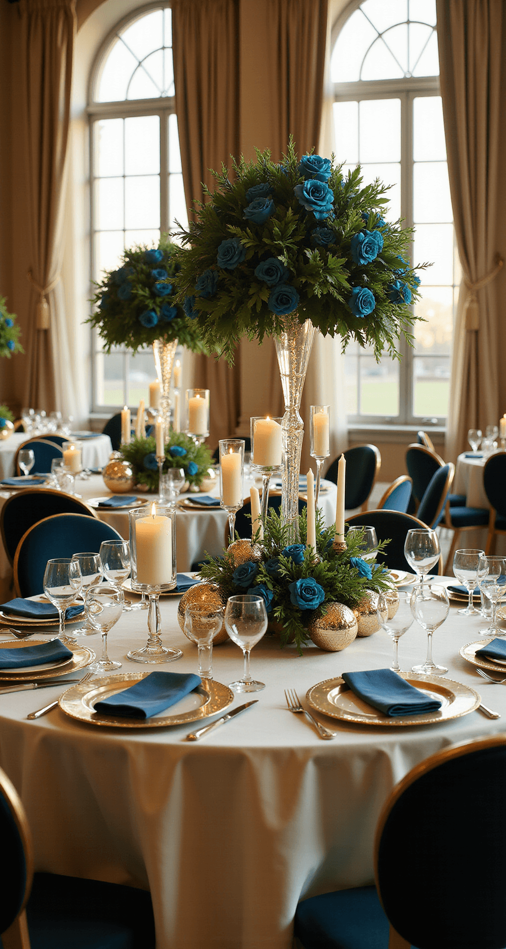 Disco Ball Wedding Decor: How to Add Sparkle and Personality to Your Big Day Cinematic wide-angle shot of an elegant indoor ballroom during golden hour, featuring round tables with mini disco balls, tall ivory candles, and jewel-tone florals, all illuminated by soft sunlight streaming through tall windows, with reflections dancing across white marble floors.