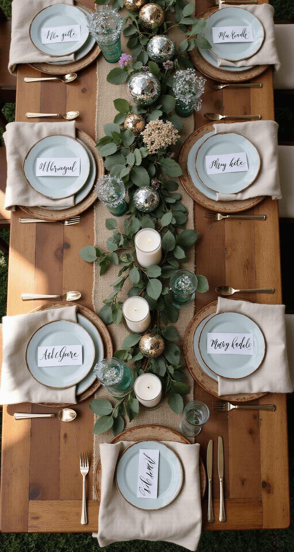 Disco Ball Wedding Decor: How to Add Sparkle and Personality to Your Big Day Overhead view of a rustic wooden farm table set for a bohemian-style brunch, featuring disco balls as place card holders, ceramic plates, vintage brass cutlery, mason jar glasses with wildflowers, hand-lettered place cards, and a garland of eucalyptus, all illuminated by soft morning light.