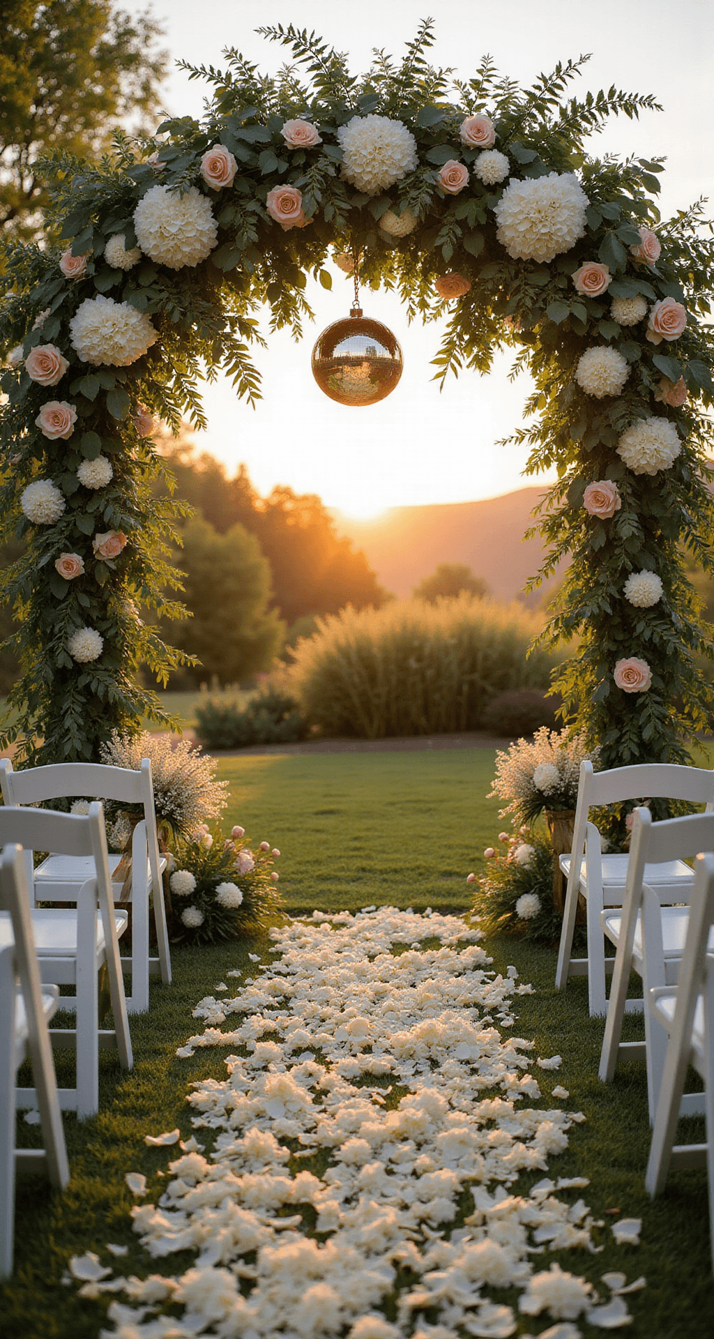 Disco Ball Wedding Decor: How to Add Sparkle and Personality to Your Big Day Dramatic low-angle view of a garden ceremony arch adorned with a stunning floral installation and integrated disco balls, capturing warm golden hour light and casting rainbow patterns across a petal-strewn aisle lined with white chairs.