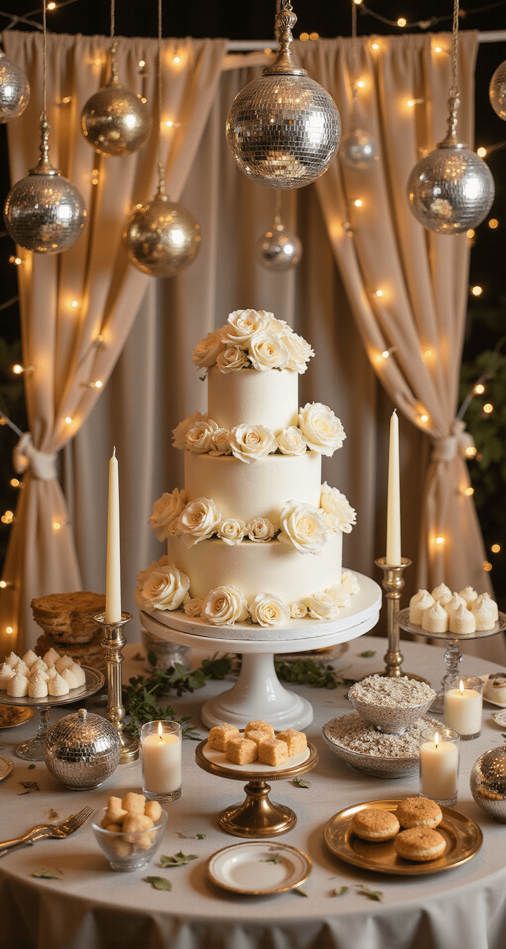 Disco Ball Wedding Decor: How to Add Sparkle and Personality to Your Big Day Cinematic close-up of an elaborate dessert table featuring a five-tier white buttercream wedding cake on a marble pedestal, surrounded by disco balls, ivory candles, and cascading white roses, all set against a backdrop of champagne drapery and warm string lights.