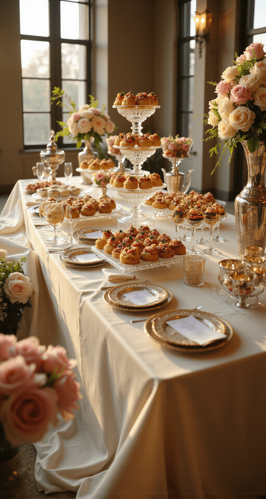 Wedding Buffet Table Decoration: How to Create a Stunning Focal Point That Guests Won't Stop Talking About Elegant indoor ballroom wedding buffet featuring a 12-foot ivory silk-draped table adorned with tiered crystal cake stands, glass pedestals, and luxurious food displays, illuminated by soft golden hour sunlight streaming through tall windows, with floral arrangements of blush pink peonies and cream roses.