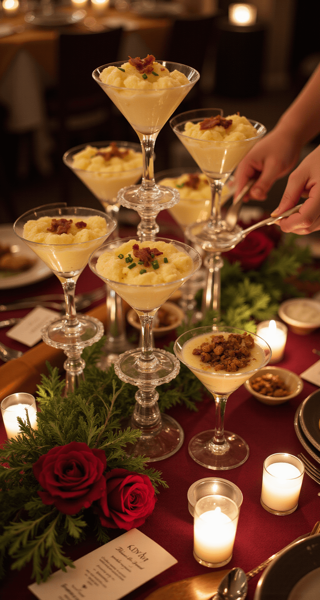 Wedding Buffet Table Decoration: How to Create a Stunning Focal Point That Guests Won't Stop Talking About Close-up of a mashed potato bar centerpiece with tall martini glasses filled with creamy mashed potatoes on crystal stands, surrounded by small bowls of gourmet toppings, illuminated by candlelight against burgundy and gold linens, framed by low floral arrangements, with guests interacting in an elegant setting.