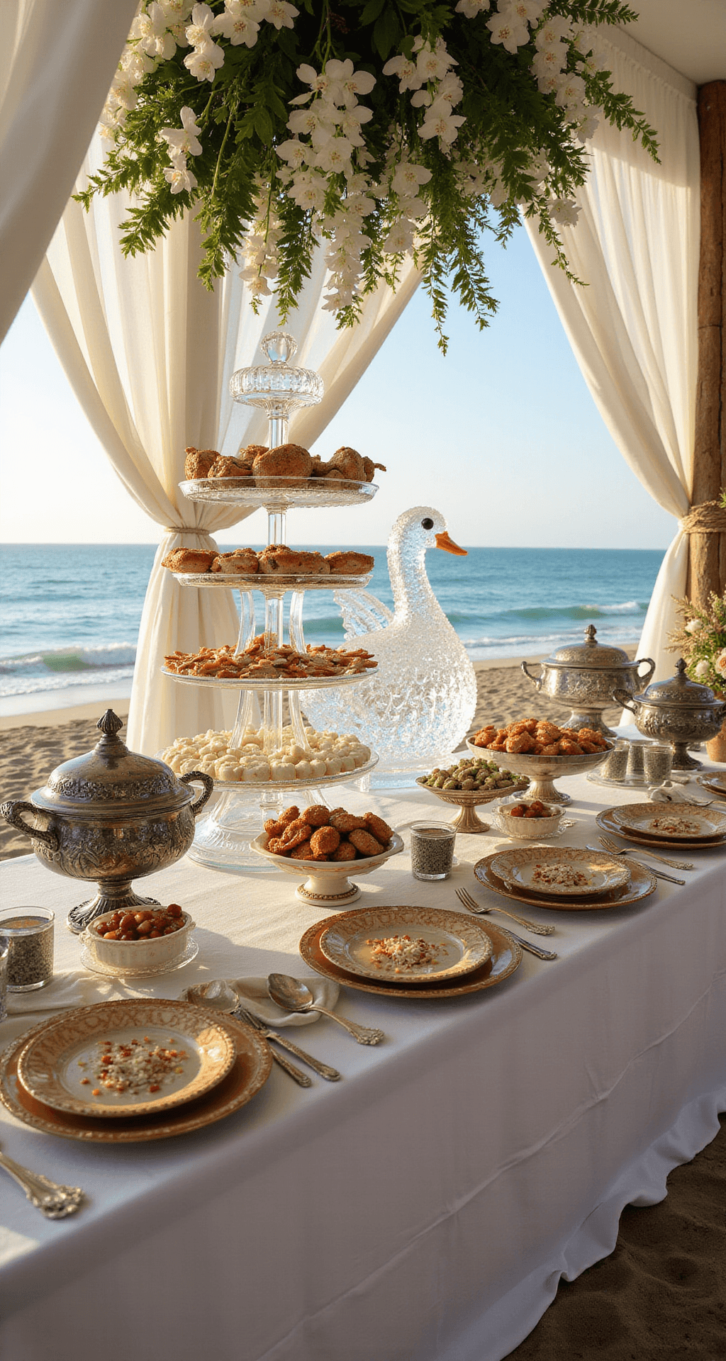 Wedding Buffet Table Decoration: How to Create a Stunning Focal Point That Guests Won't Stop Talking About Wide-angle view of an elegant beachfront wedding buffet table at golden hour, featuring an ice sculpture swan centerpiece surrounded by seafood displays, crystal serving vessels, flowing white linens, and tropical decor, with the turquoise ocean in the background.