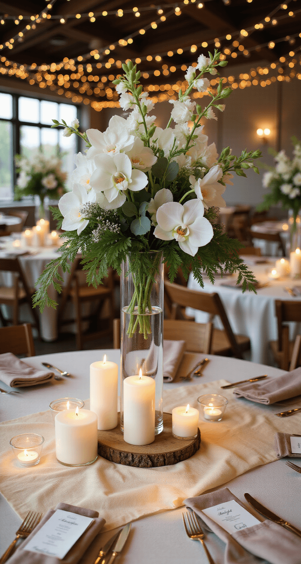Round Wedding Table Centerpieces: The Complete Guide to Creating Stunning Focal Points That Actually Work Close-up of an elegant wedding centerpiece featuring a tall clear glass vase with cascading white orchids and eucalyptus, surrounded by clustered ivory pillar candles on a cream silk table runner, set in a modern indoor venue with soft evening lighting and fairy lights in the background.