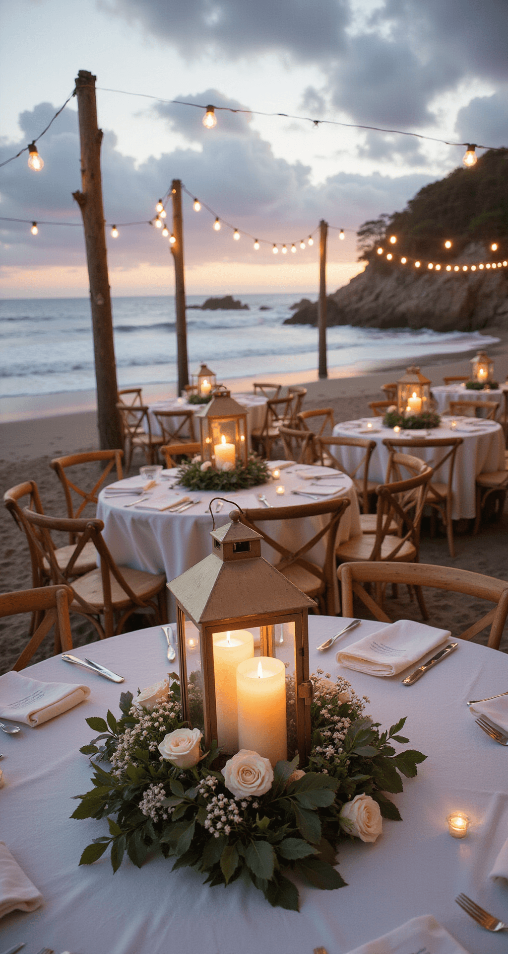 Round Wedding Table Centerpieces: The Complete Guide to Creating Stunning Focal Points That Actually Work Cinematic wide shot of an outdoor beachfront wedding reception at golden hour, featuring round tables adorned with organic wreath centerpieces of eucalyptus, olive branches, white roses, and baby's breath, with glowing hurricane lanterns. Sheer white linens sway in the breeze, paired with wooden cross-back chairs and driftwood chargers, set against rolling waves and a vibrant sunset sky. Market lights strung overhead create a warm ambiance in a coral and cream color palette with seashell accents.