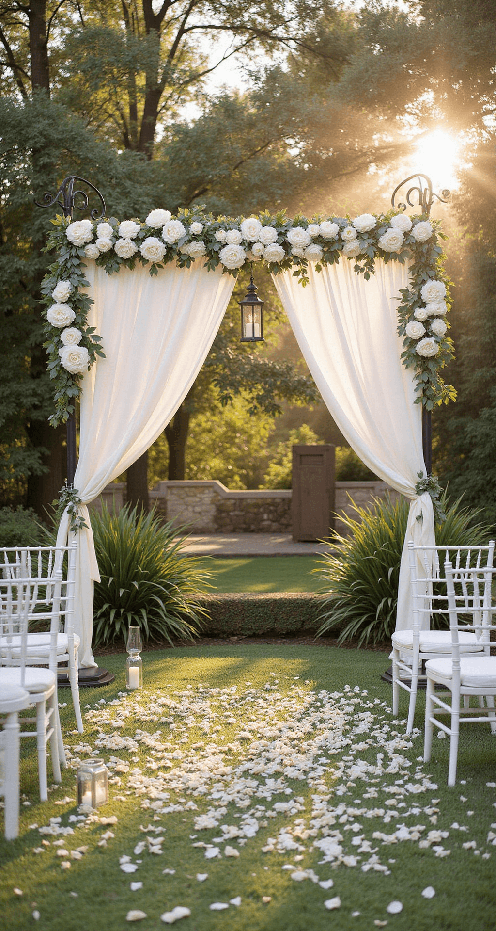 The Ultimate Wedding Décor Checklist: Transform Your Celebration Into an Unforgettable Experience A romantic outdoor wedding ceremony at golden hour featuring a floral arch with white peonies and eucalyptus, draped ivory fabric, chiavari chairs, and lanterns lining a petal-strewn aisle, all bathed in soft dappled sunlight.