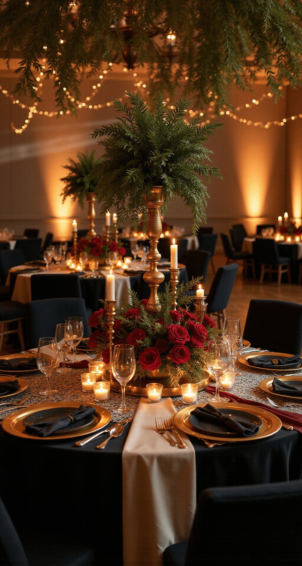 Planning Your Moody Romantic Wedding: A Complete Guide to Dark, Dramatic Elegance Aerial view of an elegant reception tablescape in a candlelit ballroom, featuring round tables with black velvet linens, ivory lace overlays, deep burgundy satin runners, gold chargers, dark charcoal plates, vintage silverware, brass candelabras, and organic floral arrangements, all illuminated by warm fairy lights and amber uplighting.