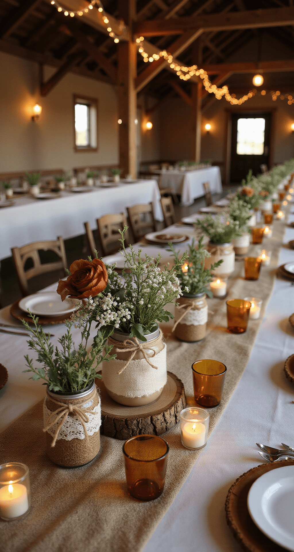 Rustic Wedding Table Decor: Create Authentic Farmhouse Elegance That Steals Every Photo Intimate barn wedding reception at golden hour, featuring long wooden tables with burlap runners, mason jar vases with wildflowers, vintage amber glassware, and soft candlelight, all under fairy lights and exposed wooden beams.