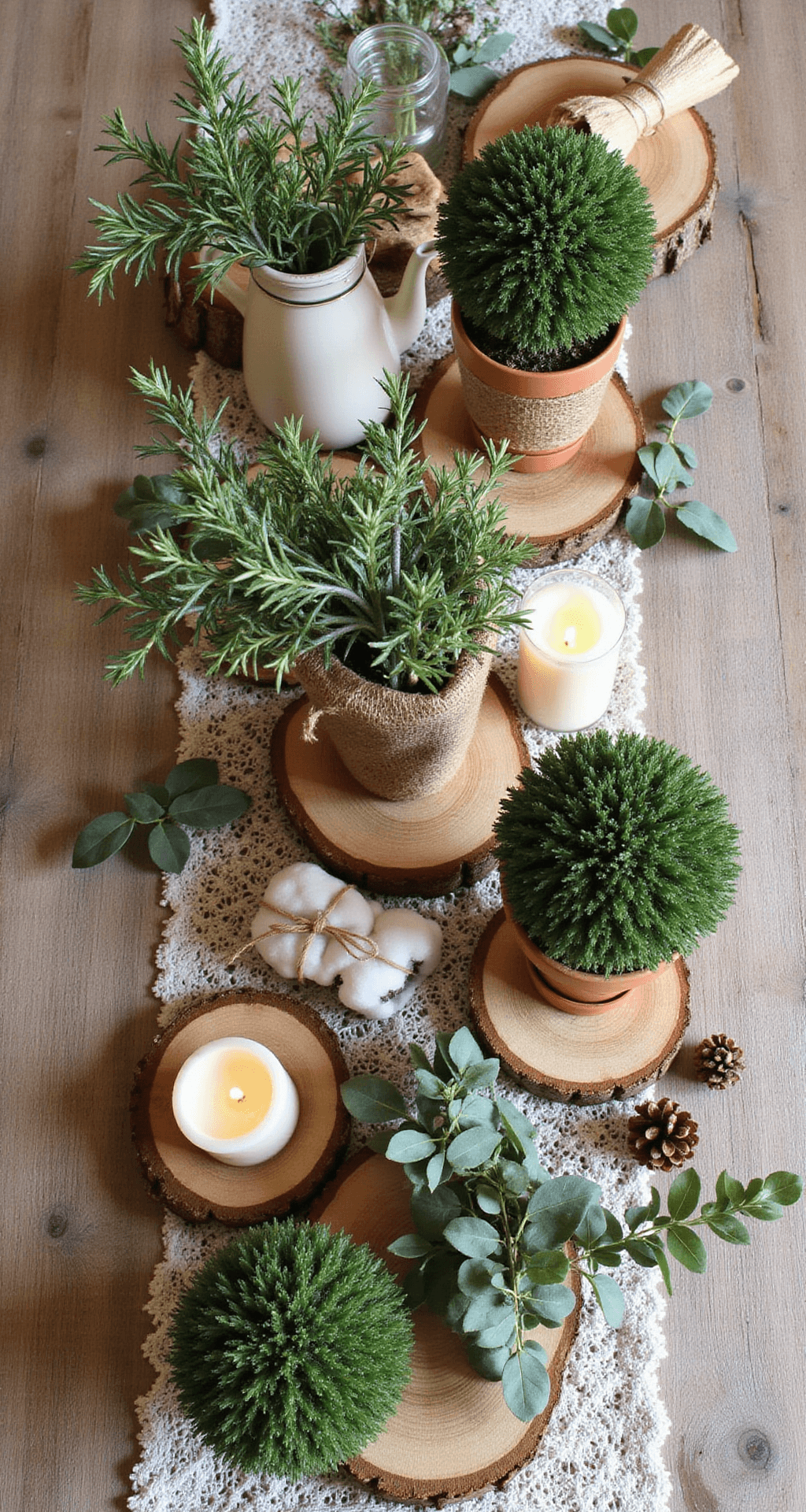 Rustic Wedding Table Decor: Create Authentic Farmhouse Elegance That Steals Every Photo Overhead flat lay of a rustic centerpiece featuring reclaimed wood slices, terra cotta pots wrapped in burlap with rosemary topiaries and eucalyptus garland, vintage teapots with cotton stems and thistles, cream pillar candles in glass holders, scattered pine cones, and wheat bundles, against ivory lace runners.