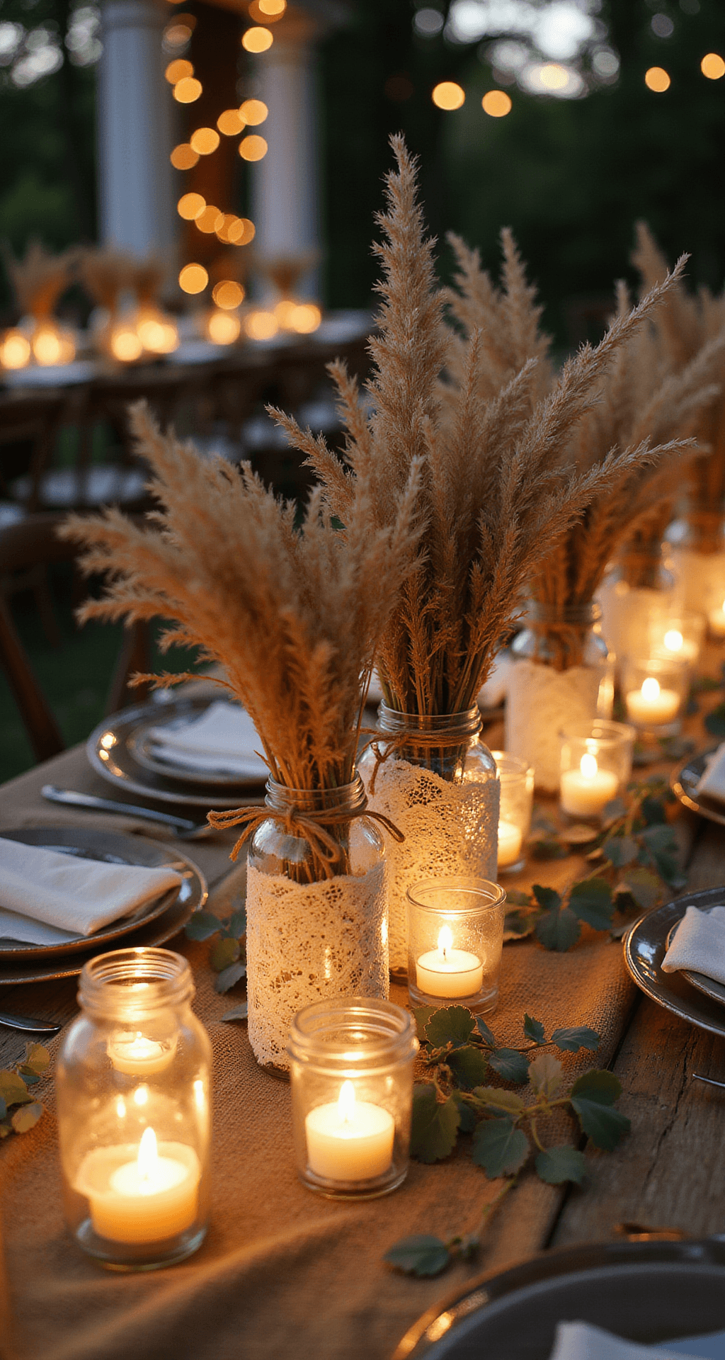 Rustic Wedding Table Decor: Create Authentic Farmhouse Elegance That Steals Every Photo Close-up of mason jar centerpieces with candlelight in a rustic garden, featuring lace and burlap textures, glass vases with wildflowers wrapped in lace, and vintage birdcages with candles, creating a warm and intimate ambiance.
