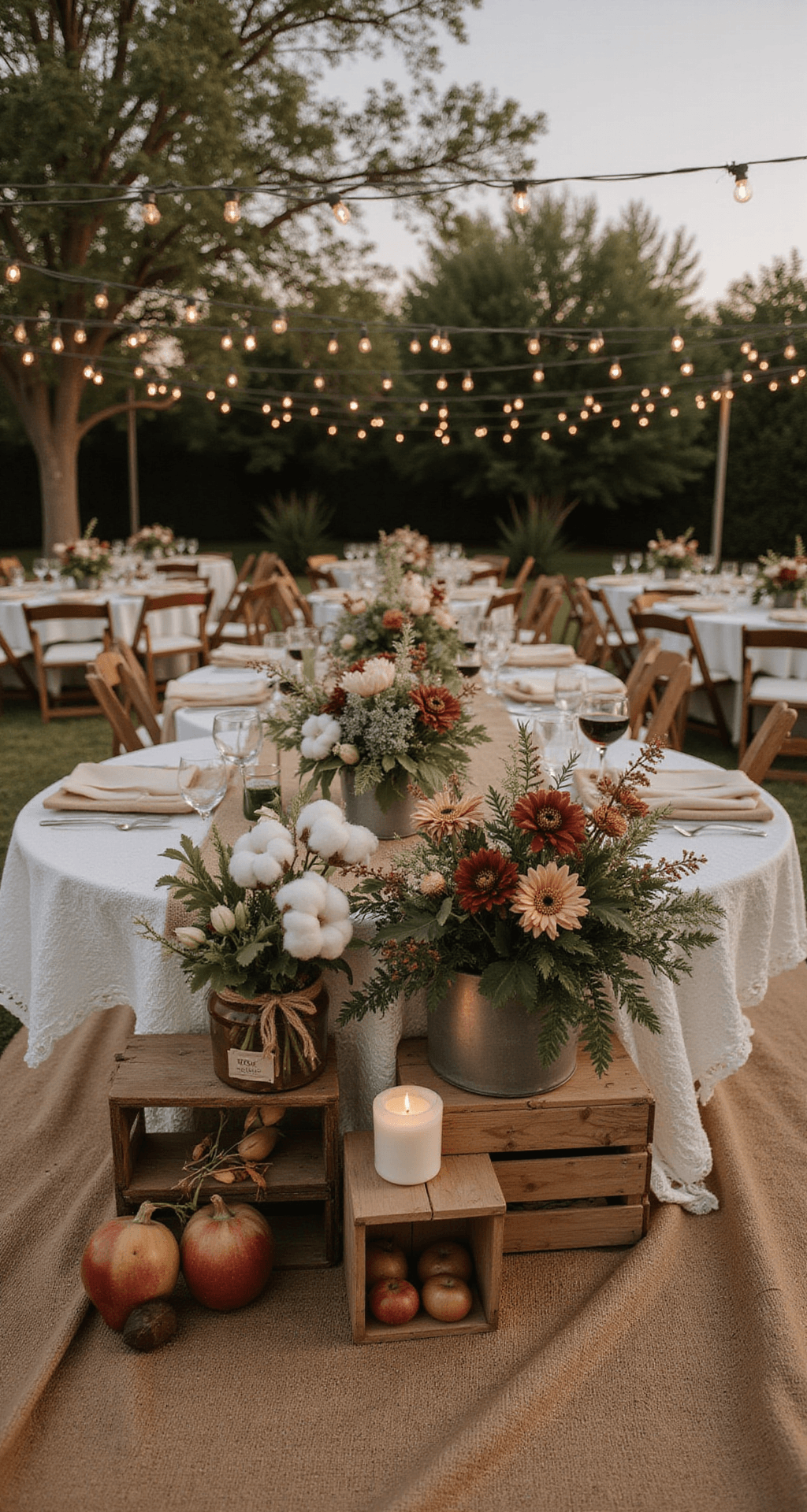 Rustic Wedding Table Decor: Create Authentic Farmhouse Elegance That Steals Every Photo Wide-angle view of a cozy backyard wedding reception at sunset, featuring rustic wooden tables with cream and ivory burlap and lace runners, mismatched vintage containers with seasonal botanicals, overhead string lights, and intimate pillar candles, all creating a fairy-tale ambiance.