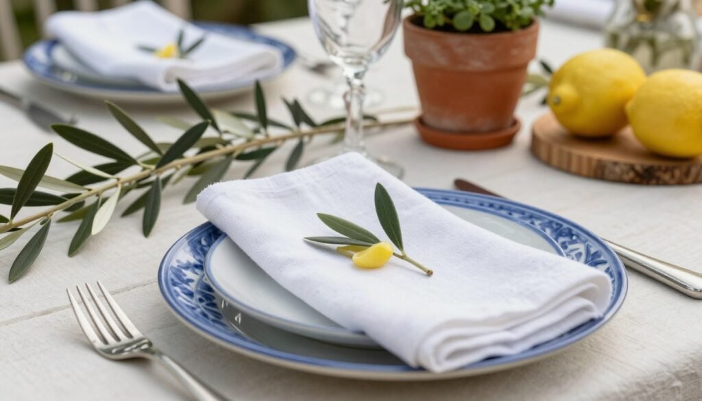 Amalfi Coast inspired outdoor table with Mediterranean blue and white color palette Amalfi Coast inspired outdoor table with Mediterranean blue and white color palette