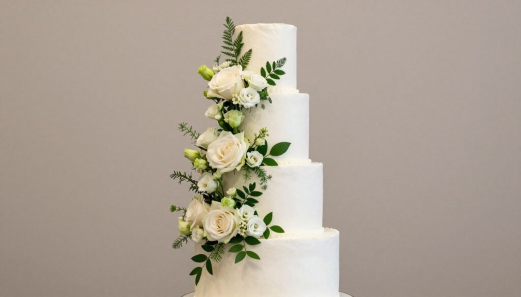 Asymmetrical wedding cake with flowers on one side Asymmetrical wedding cake with flowers on one side