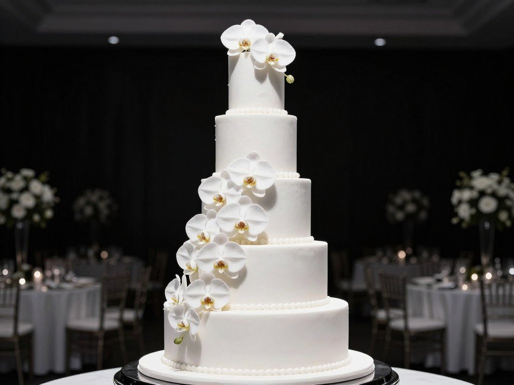 Black tie wedding cake with real white orchids Black tie wedding cake with real white orchids