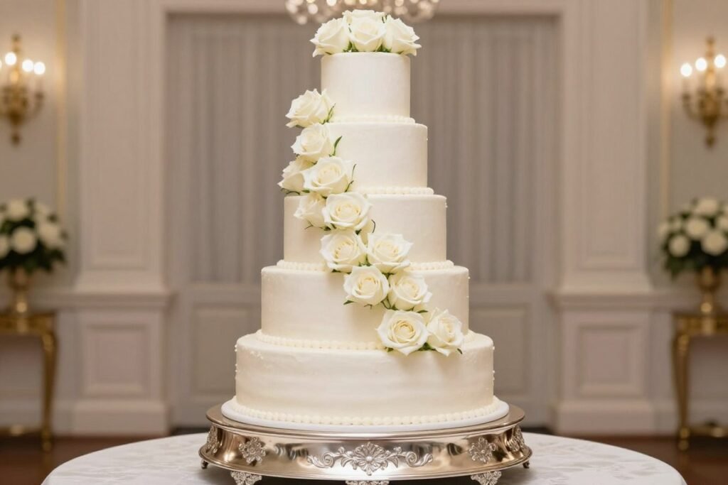 Classic white wedding cake with cascading real roses Classic white wedding cake with cascading real roses