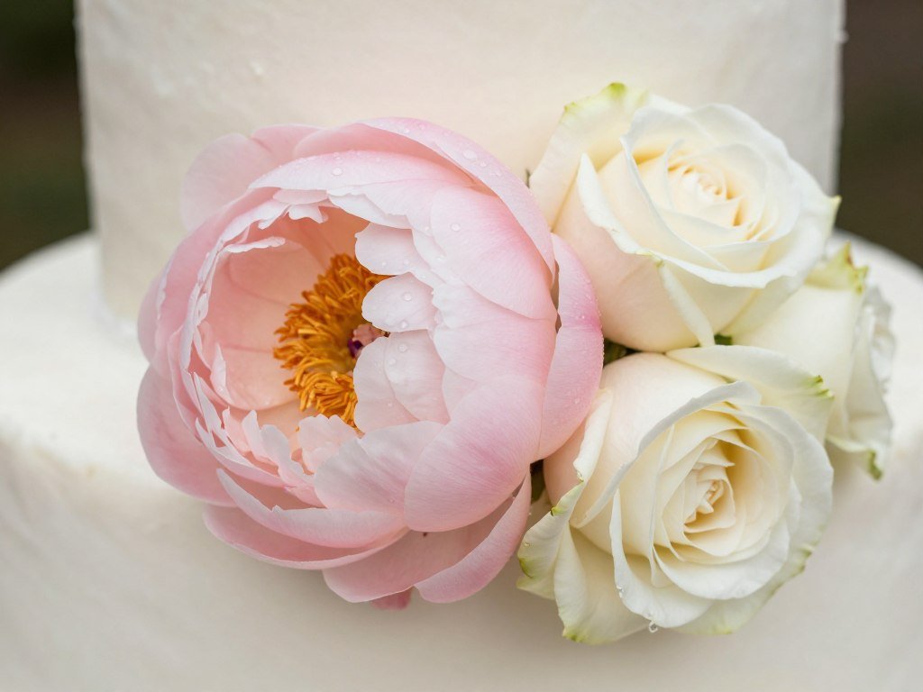 Close-up of wedding cake with real flowers showing natural texture and color depth Close-up of wedding cake with real flowers showing natural texture and color depth