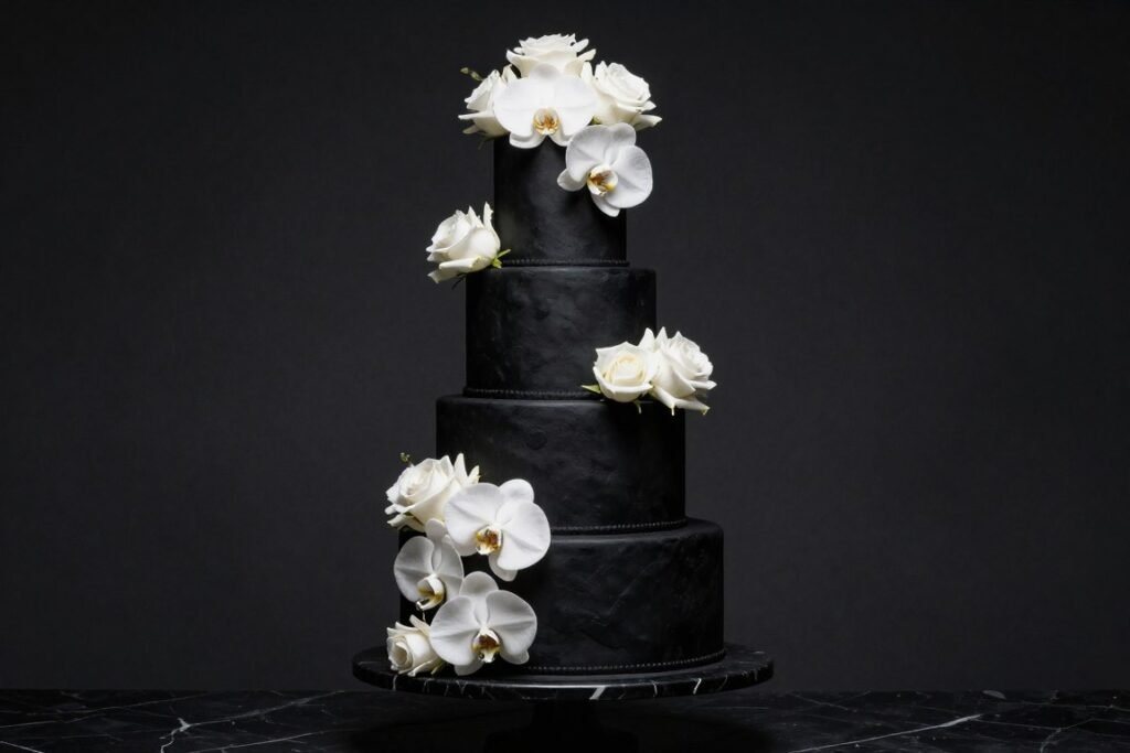 Dramatic black wedding cake with white real flowers Dramatic black wedding cake with white real flowers