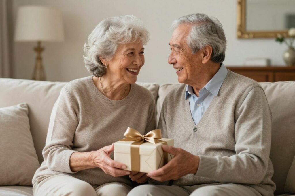 Elderly couple holding hands exchanging gifts on their 50th anniversary Elderly couple holding hands exchanging gifts on their 50th anniversary