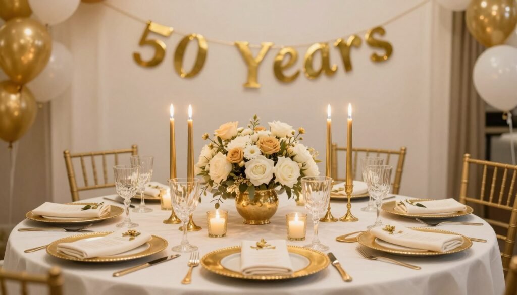 Elegant anniversary party table with gold-themed centerpieces and decorations Elegant anniversary party table with gold-themed centerpieces and decorations