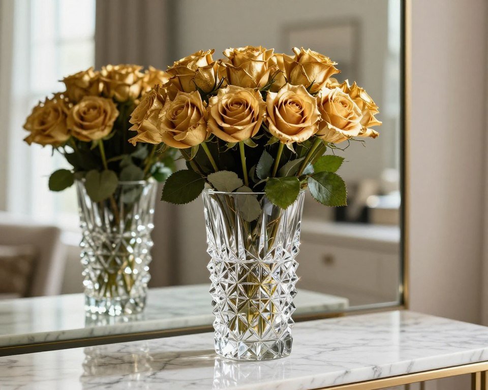 Elegant crystal vase with gold roses on display in sophisticated home setting Elegant crystal vase with gold roses on display in sophisticated home setting