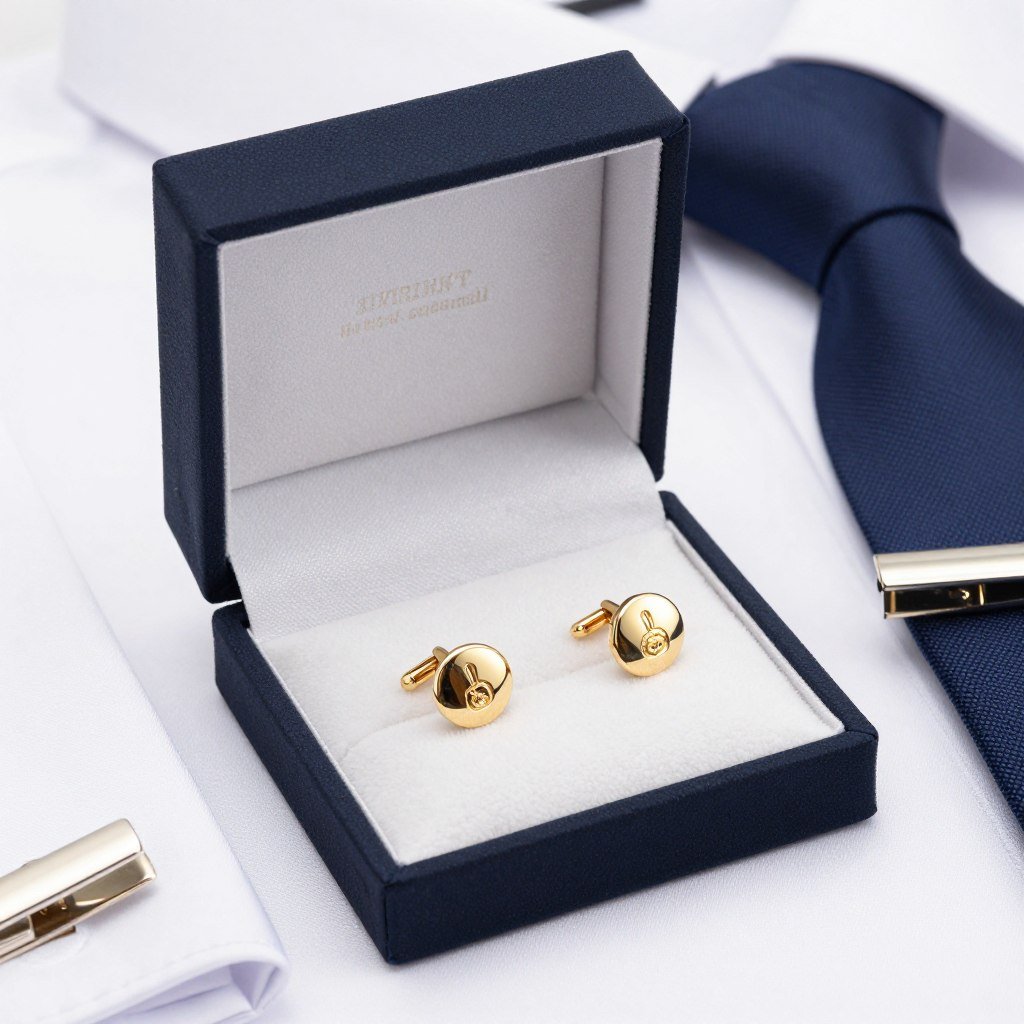 Elegant gold cufflinks and tie clip set in presentation box Elegant gold cufflinks and tie clip set in presentation box