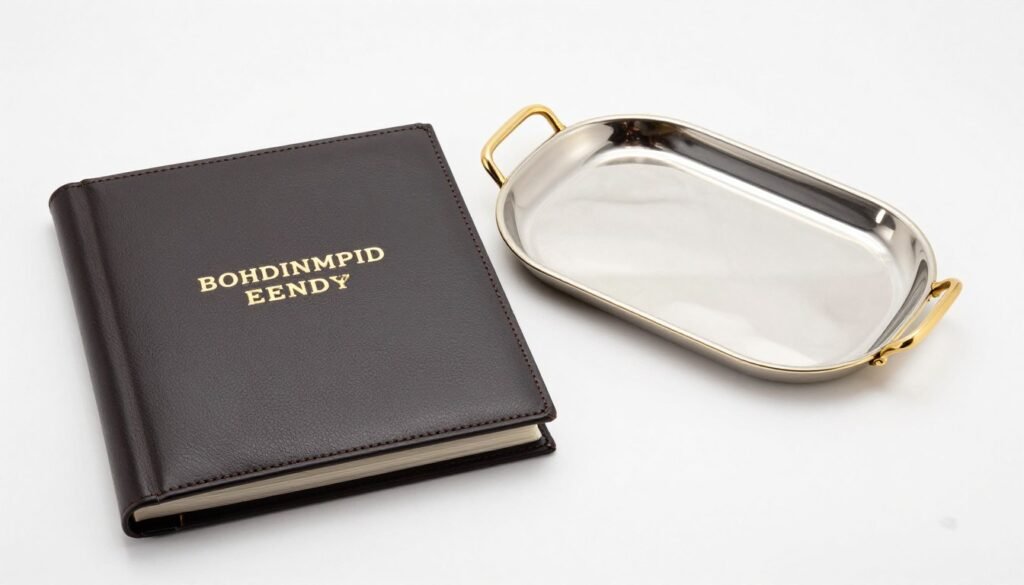 Elegant personalized photo album with gold embossing alongside luxury gold-trimmed serving tray Elegant personalized photo album with gold embossing alongside luxury gold-trimmed serving tray