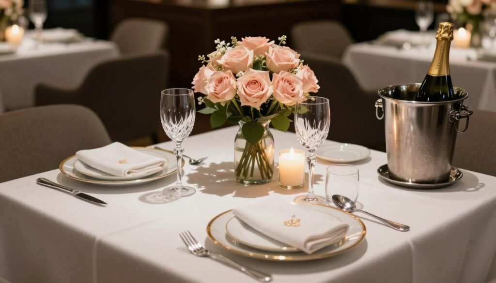 Elegant private dining table set for romantic anniversary dinner Elegant private dining table set for romantic anniversary dinner