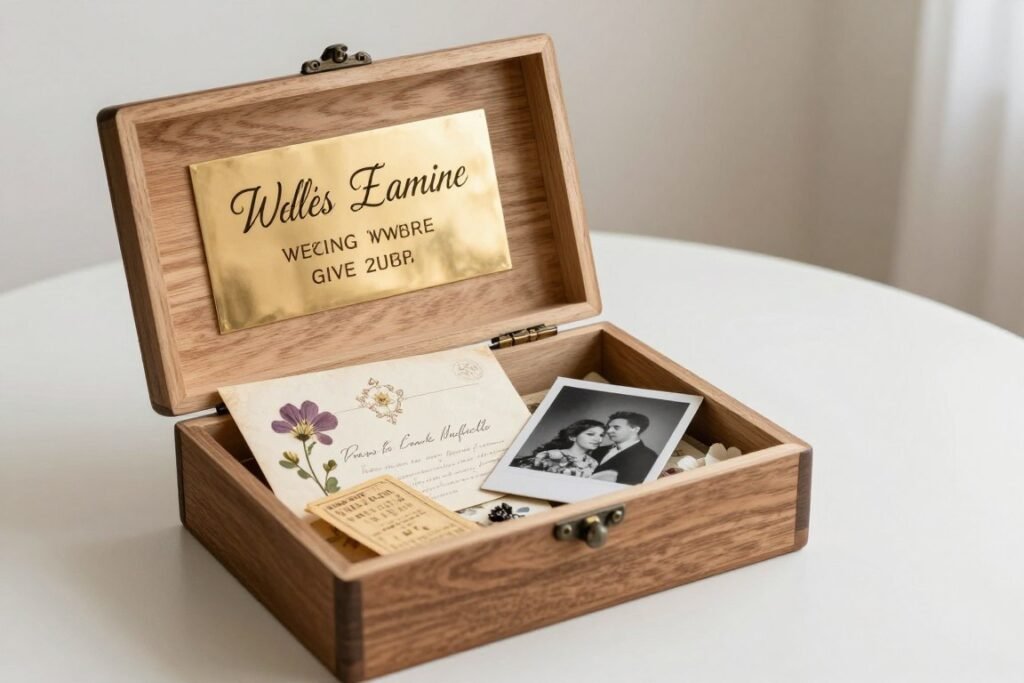 Elegant wooden memory box with gold engraving and vintage mementos inside Elegant wooden memory box with gold engraving and vintage mementos inside