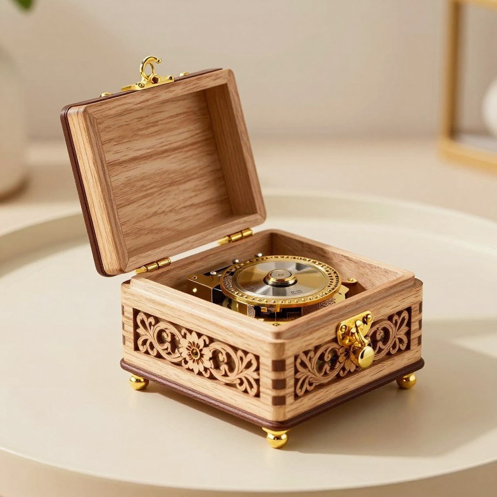 Elegant wooden music box with intricate design and gold accents Elegant wooden music box with intricate design and gold accents