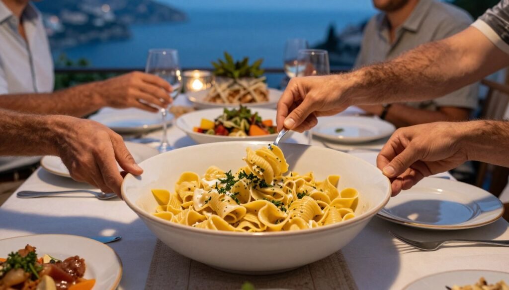 Family style Italian pasta serving on outdoor dinner table Family style Italian pasta serving on outdoor dinner table