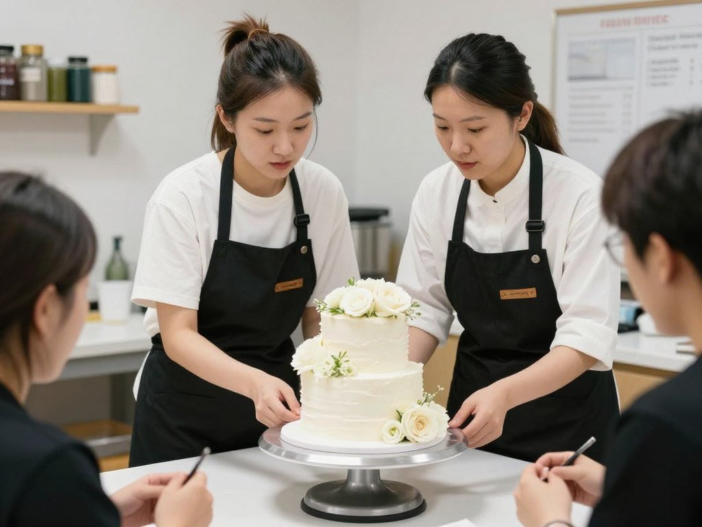 Florist and baker coordinating flower placement on wedding cake Florist and baker coordinating flower placement on wedding cake