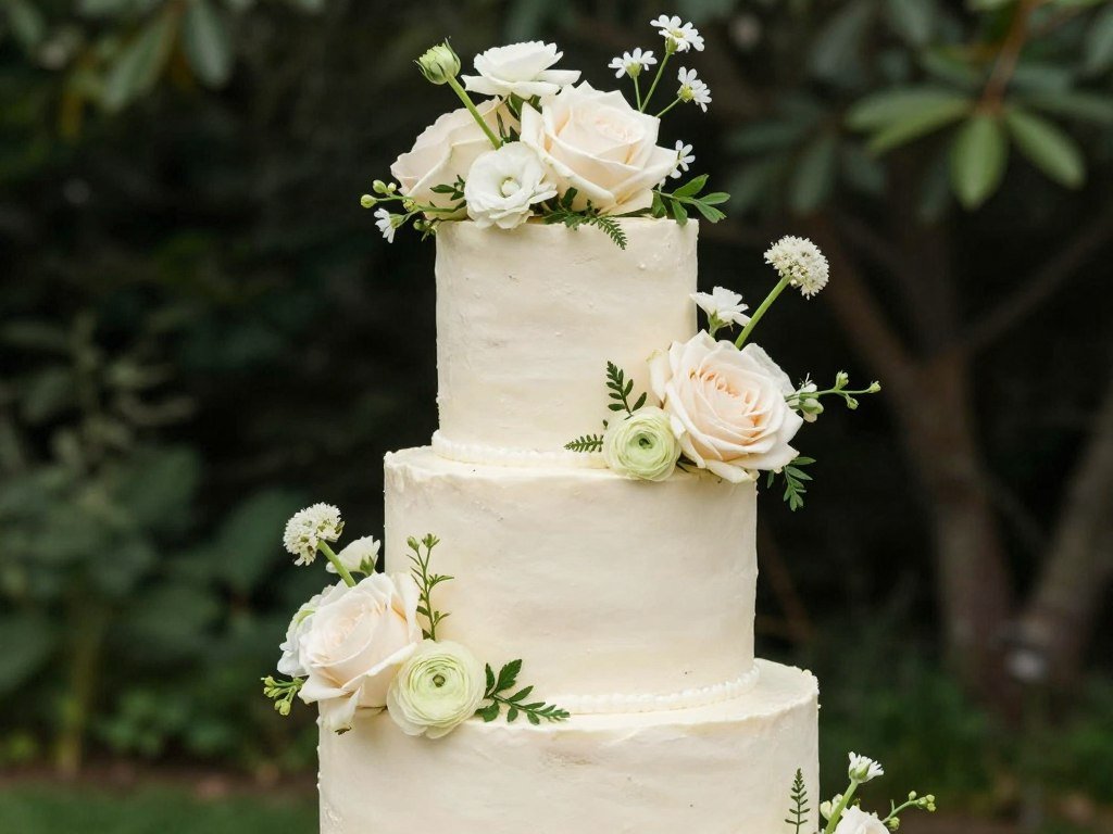 Garden-inspired wedding cake with loose real wildflowers Garden-inspired wedding cake with loose real wildflowers