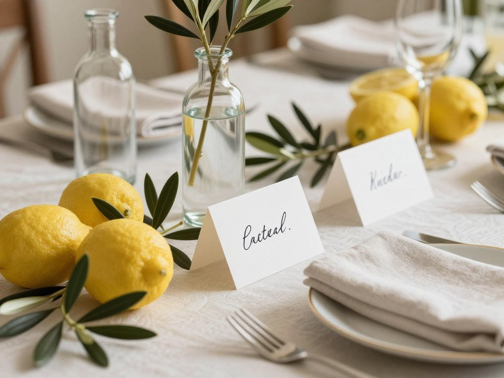 Italian dinner party decorative details with lemons and olive branches Italian dinner party decorative details with lemons and olive branches