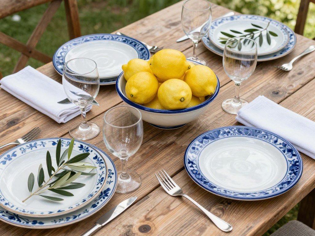Italian garden dinner party tablescape with blue ceramic plates and lemon centerpieces Italian garden dinner party tablescape with blue ceramic plates and lemon centerpieces